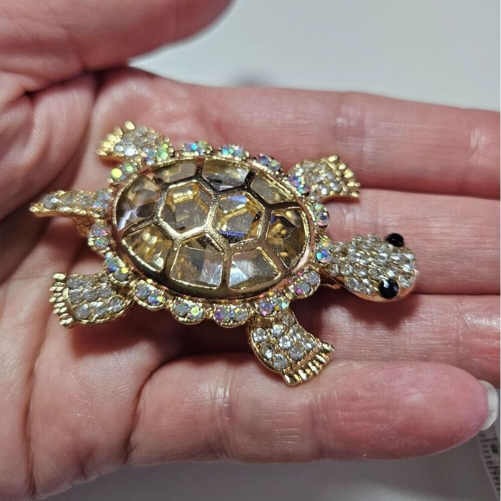 Gold tone turtle brooch clear iridescent rhinestones